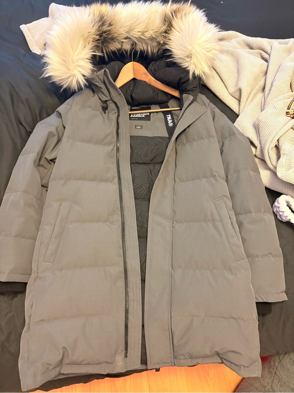 TNA Gray Hooded Puffer Coat with Faux Fur Trim